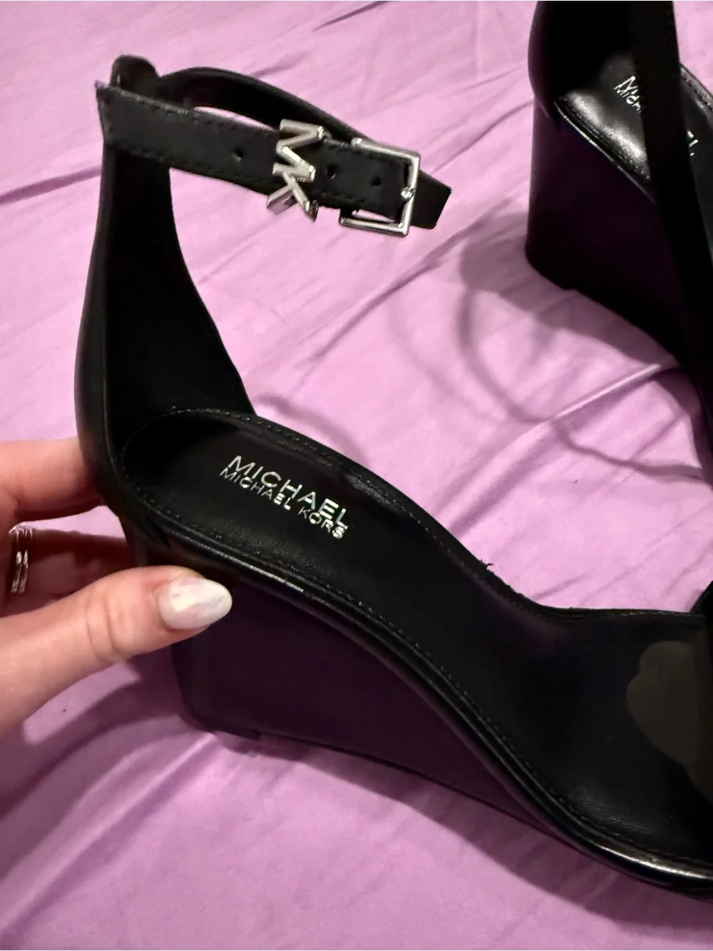 Michael Kors Black Leather Ankle Strap Wedge Sandals